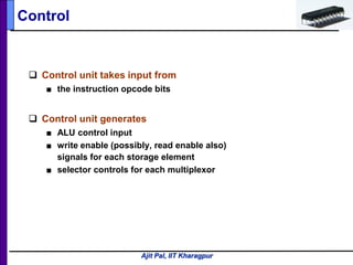 Ajit Pal, IIT Kharagpur
Control
 Control unit takes input from
■ the instruction opcode bits
 Control unit generates
■ ALU control input
■ write enable (possibly, read enable also)
signals for each storage element
■ selector controls for each multiplexor
 