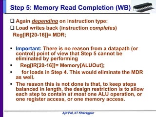 Ajit Pal, IIT Kharagpur
 Again depending on instruction type:
 Load writes back (instruction completes)
Reg[IR[20-16]]= MDR;
 Important: There is no reason from a datapath (or
control) point of view that Step 5 cannot be
eliminated by performing
 Reg[IR[20-16]]= Memory[ALUOut];
 for loads in Step 4. This would eliminate the MDR
as well.
 The reason this is not done is that, to keep steps
balanced in length, the design restriction is to allow
each step to contain at most one ALU operation, or
one register access, or one memory access.
Step 5: Memory Read Completion (WB)
 