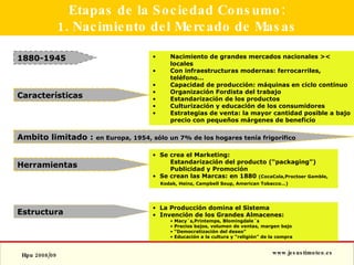Etapas de la Sociedad Consumo: 1. Nacimiento del Mercado de Masas 1880-1945 Estructura Nacimiento de grandes mercados nacionales >< locales Con infraestructuras modernas: ferrocarriles, teléfono… Capacidad de producción: máquinas en ciclo continuo Organización Fordista del trabajo Estandarización de los productos Culturización y educación de los consumidores Estrategias de venta: la mayor cantidad posible a bajo precio con pequeños márgenes de beneficio La Producción domina el Sistema Invención de los Grandes Almacenes:  Macy´s,Printemps, Blomingdale´s Precios bajos, volumen de ventas, margen bajo “ Democratización del deseo” Educación a la cultura y “religión” de la compra Características Ambito limitado :  en Europa, 1954, sólo un 7% de los hogares tenía frigorífico Herramientas Se crea el Marketing: Estandarización del producto (“packaging”) Publicidad y Promoción Se crean las Marcas: en 1880  (CocaCola,Proctoer Gamble,  Kodak, Heinz, Campbell Soup, American Tobacco…)   
