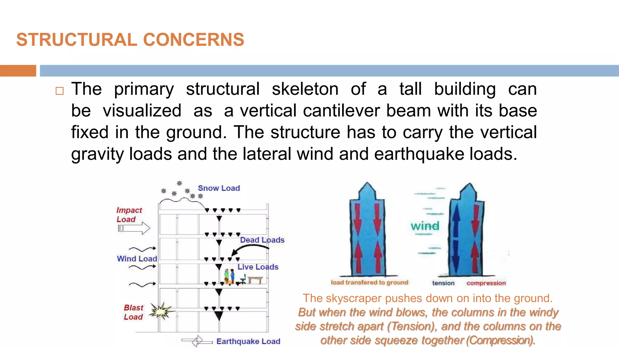 STRUCTURAL CONCERNS
 The primary structural skeleton of a tall building can
be visualized as a vertical cantilever beam with its base
fixed in the ground. The structure has to carry the vertical
gravity loads and the lateral wind and earthquake loads.
The skyscraper pushes down on into the ground.
But when the wind blows, the columns in the windy
side stretch apart (Tension), and the columns on the
other side squeeze together (Compression).
 