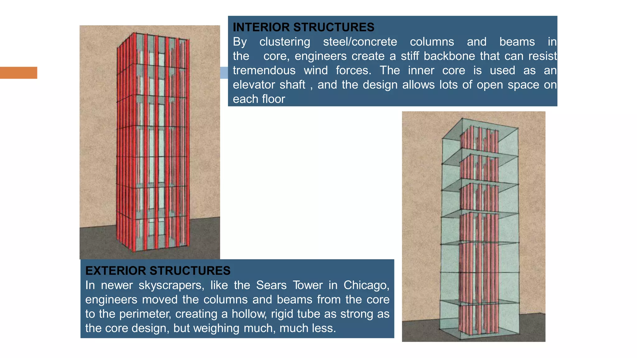 INTERIOR STRUCTURES
By clustering steel/concrete columns and beams in
the core, engineers create a stiff backbone that can resist
tremendous wind forces. The inner core is used as an
elevator shaft , and the design allows lots of open space on
each floor
EXTERIOR STRUCTURES
In newer skyscrapers, like the Sears Tower in Chicago,
engineers moved the columns and beams from the core
to the perimeter, creating a hollow, rigid tube as strong as
the core design, but weighing much, much less.
 