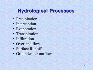 9
Hydrological ProcessesHydrological Processes
• Precipitation
• Interception
• Evaporation
• Transpiration
• Infiltration
• Overland flow
• Surface Runoff
• Groundwater outflow
 