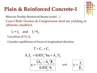 Plain & Reinforced Concrete-1
Behavior Doubly Reinforced Beams (contd…)
Case-I Both Tension & Compression steel are yielding at
ultimate condition
fs = fy and fs’=fy
Location of N.A.
Consider equilibrium of forces in longitudinal direction
sc CCT 
yscys f'Aba'f85.0fA 
 
b'f85.0
f'AA
a
c
yss 

1β
a
c and
 
