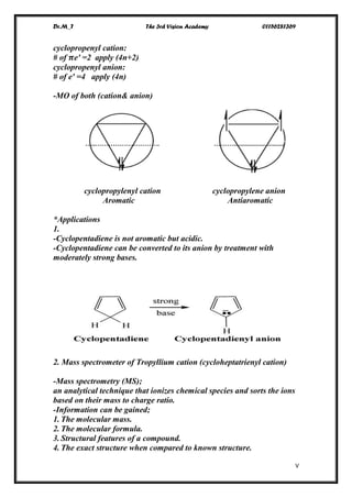 Dr.M_T The 3rd Vision Academy 01156281369
V
cyclopropenyl cation:
# of 𝝅e' =2 apply (4n+2)
cyclopropenyl anion:
# of e' =4 apply (4n)
-MO of both (cation& anion)
cyclopropylenyl cation cyclopropylene anion
Aromatic Antiaromatic
*Applications
1.
-Cyclopentadiene is not aromatic but acidic.
-Cyclopentadiene can be converted to its anion by treatment with
moderately strong bases.
2. Mass spectrometer of Tropyllium cation (cycloheptatrienyl cation)
-Mass spectrometry (MS);
an analytical technique that ionizes chemical species and sorts the ions
based on their mass to charge ratio.
-Information can be gained;
1. The molecular mass.
2. The molecular formula.
3. Structural features of a compound.
4. The exact structure when compared to known structure.
 