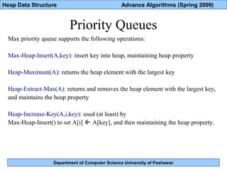 Department of Computer Science University of Peshawar
Heap Data Structure Advance Algorithms (Spring 2009)
Priority Queues
Max priority queue supports the following operations:
Max-Heap-Insert(A,key): insert key into heap, maintaining heap property
Heap-Maximum(A): returns the heap element with the largest key
Heap-Extract-Max(A): returns and removes the heap element with the largest key,
and maintains the heap property
Heap-Increase-Key(A,i,key): used (at least) by
Max-Heap-Insert() to set A[i]  A[key], and then maintaining the heap property.
 