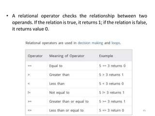 45
• A relational operator checks the relationship between two
operands. If the relation is true, it returns 1; if the relation is false,
it returns value 0.
 