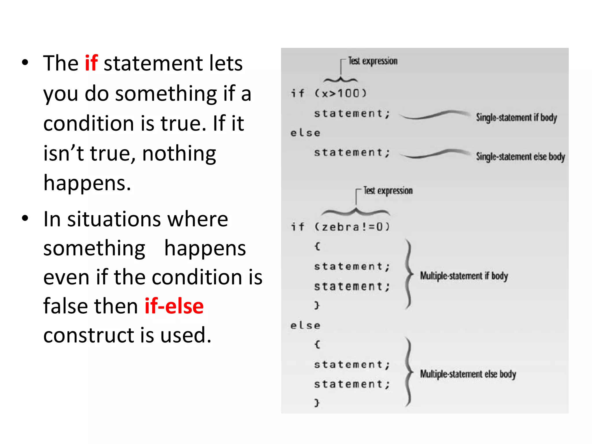 • The if statement lets
you do something if a
condition is true. If it
isn’t true, nothing
happens.
• In situations where
something happens
even if the condition is
false then if-else
construct is used.
 