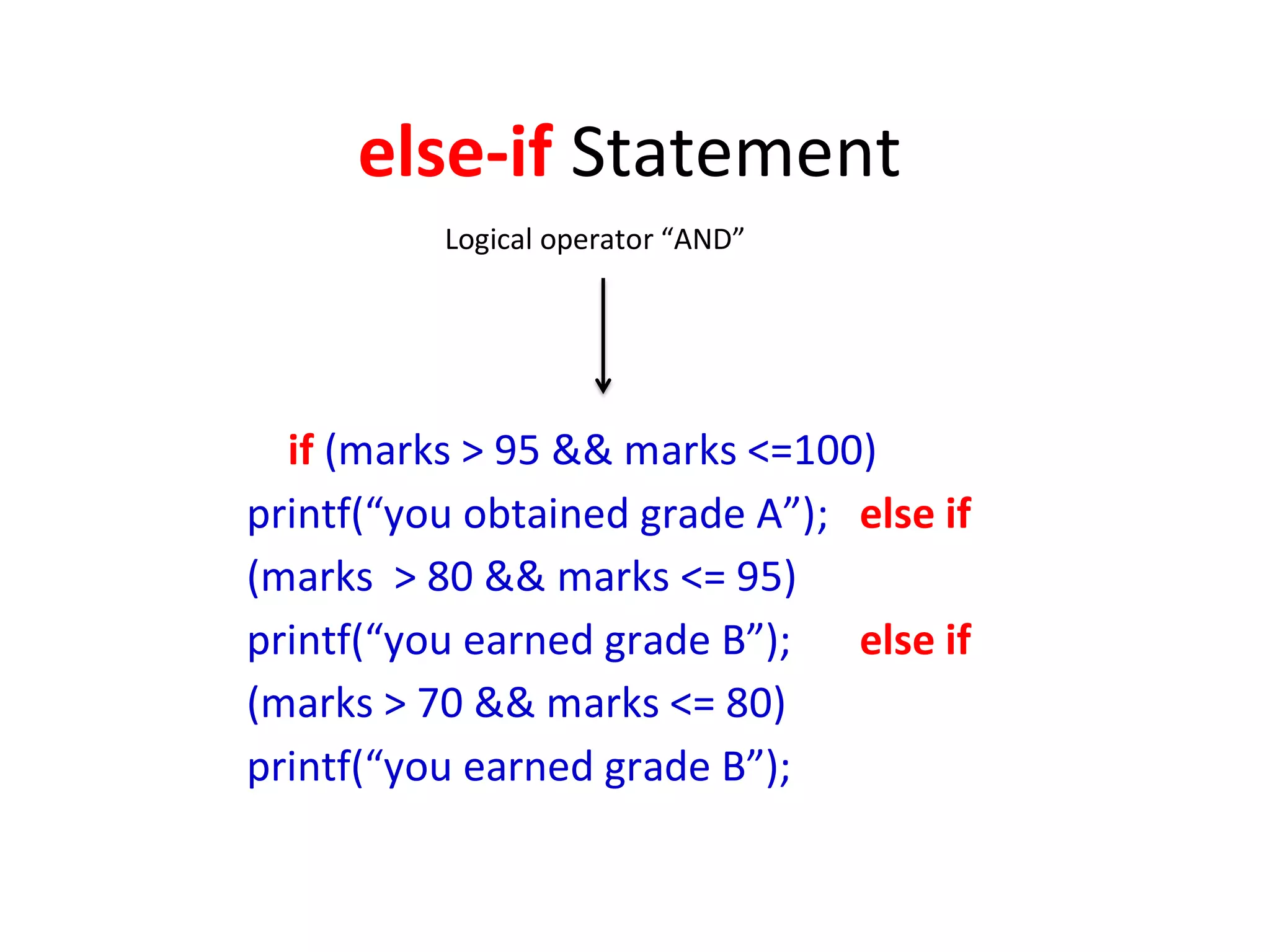 else-if Statement
Logical operator “AND”
if (marks > 95 && marks <=100)
printf(“you obtained grade A”); else if
(marks > 80 && marks <= 95)
printf(“you earned grade B”); else if
(marks > 70 && marks <= 80)
printf(“you earned grade B”);
 