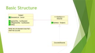Basic Structure
ConcreteObserver
Observer
Update(s : Subject)
<<<Interface>>>
Subject
ObserversList : Vector
register(Obs : myObserver)
unRegister(Obs : myObserver)
notify()
Notify lets all observers know that
event has occured
 