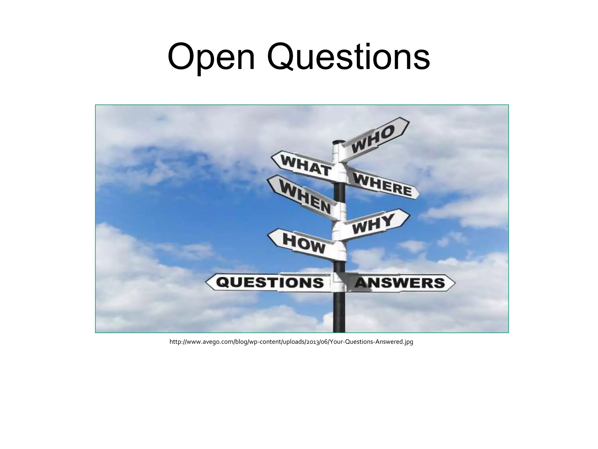 Open Questions
http://www.avego.com/blog/wp-content/uploads/2013/06/Your-Questions-Answered.jpg
 