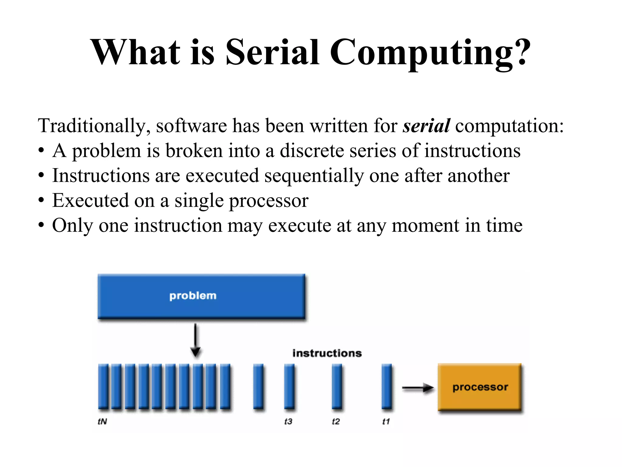 What is Serial Computing?
Traditionally, software has been written for serial computation:
• A problem is broken into a discrete series of instructions
• Instructions are executed sequentially one after another
• Executed on a single processor
• Only one instruction may execute at any moment in time
 