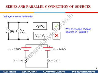 ELECTRICAL ELECTRONICS COMMUNICATION INSTRUMENTATION
13
SERIES AND PARALLEL C ONNECTION OF SOURCES
Voltage Sources in Parallel
Why to connect Voltage
Sources in Parallel ?
14.0 V
 