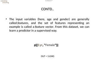 CONTD..
• The input variables (here, age and gender) are generally
called features, and the set of features representing an
example is called a feature vector. From this dataset, we can
learn a predictor in a supervised way.
Out[•]=
OUT = 3.65KG
 