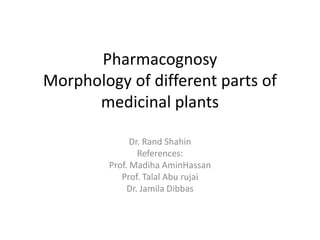 Pharmacognosy
Morphology of different parts of
medicinal plants
Dr. Rand Shahin
References:
Prof. Madiha AminHassan
Prof. Talal Abu rujai
Dr. Jamila Dibbas
 