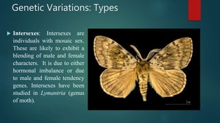 Genetic Variations: Types
 Intersexes: Intersexes are
individuals with mosaic sex.
These are likely to exhibit a
blending of male and female
characters. It is due to either
hormonal imbalance or due
to male and female tendency
genes. Intersexes have been
studied in Lymantria (genus
of moth).
 