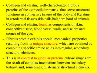 - Collagen and elastin, well-characterized fibrous
proteins of the extracellular matrix that serve structural
functions in connective tissues of the body and Keratine
in ectodermal tissues skin,nails,hair,horn,hoof of animals.
- Collagen and elastin, found as components of skin,
connective tissue, blood vessel walls, and sclera and
cornea of the eye.
- Fibrous protein exhibits special mechanical properties,
resulting from its unique structure, which are obtained by
combining specific amino acids into regular, secondary
structural elements.
- This is in contrast to globular proteins, whose shapes are
the result of complex interactions between secondary,
tertiary, and, sometimes, quaternary structural elements.
 