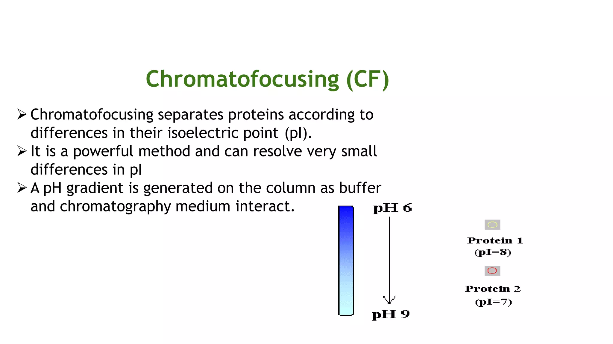Chromatofocusing (CF)
Chromatofocusing separates proteins according to
differences in their isoelectric point (pI).
It is a powerful method and can resolve very small
differences in pI
A pH gradient is generated on the column as buffer
and chromatography medium interact.
 