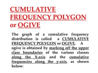 The graph of a cumulative frequency
distribution is called a CUMULATIVE
FREQUENCY POLYGON or OGIVE. A
ogive is obtained by marking off the upper
class boundaries of the various classes
along the X-axis and the cumulative
frequencies along the y-axis, as shown
below:
CUMULATIVE
FREQUENCY POLYGON
or OGIVE
 