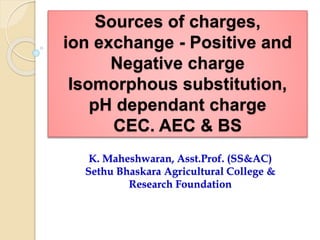 Sources of charges,
ion exchange - Positive and
Negative charge
Isomorphous substitution,
pH dependant charge
CEC. AEC & BS
K. Maheshwaran, Asst.Prof. (SS&AC)
Sethu Bhaskara Agricultural College &
Research Foundation
 