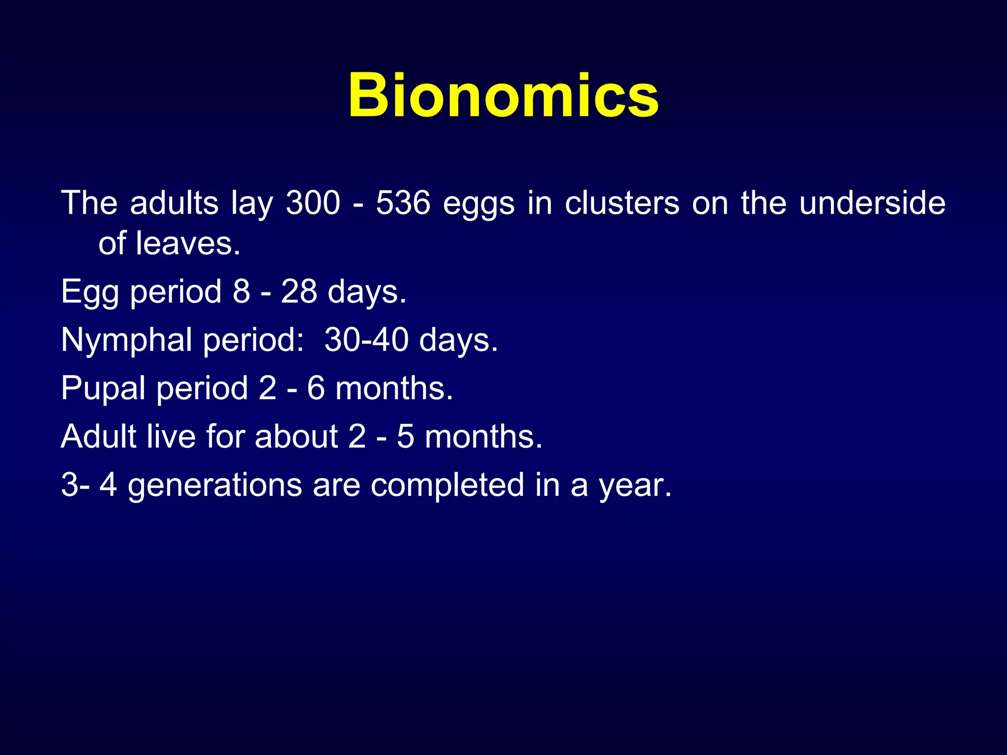 Bionomics
The adults lay 300 - 536 eggs in clusters on the underside
of leaves.
Egg period 8 - 28 days.
Nymphal period: 30-40 days.
Pupal period 2 - 6 months.
Adult live for about 2 - 5 months.
3- 4 generations are completed in a year.
 