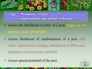 • Assess the likelihood of entry of a pest- higher no. of
pathway- more probability
• Assess likelihood of establishment of a pest after
entry- reproductive strategy, distribution in PRA area,
adaptation, environment suitability
• Assess spread potential of the pest
 