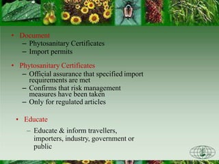 • Document
– Phytosanitary Certificates
– Import permits
• Phytosanitary Certificates
– Official assurance that specified import
requirements are met
– Confirms that risk management
measures have been taken
– Only for regulated articles
• Educate
– Educate & inform travellers,
importers, industry, government or
public
 