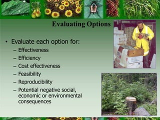 Evaluating Options
• Evaluate each option for:
– Effectiveness
– Efficiency
– Cost effectiveness
– Feasibility
– Reproducibility
– Potential negative social,
economic or environmental
consequences
CFIA-ACIA
 