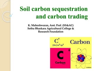 Soil carbon sequestration
and carbon trading
K. Maheshwaran, Asst. Prof. (SS&AC)
Sethu Bhaskara Agricultural College &
Research Foundation
 