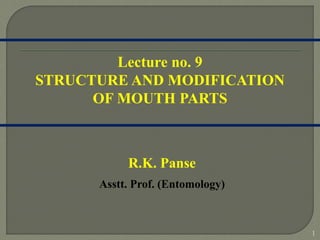 1
R.K. Panse
Asstt. Prof. (Entomology)
Lecture no. 9
STRUCTURE AND MODIFICATION
OF MOUTH PARTS
 