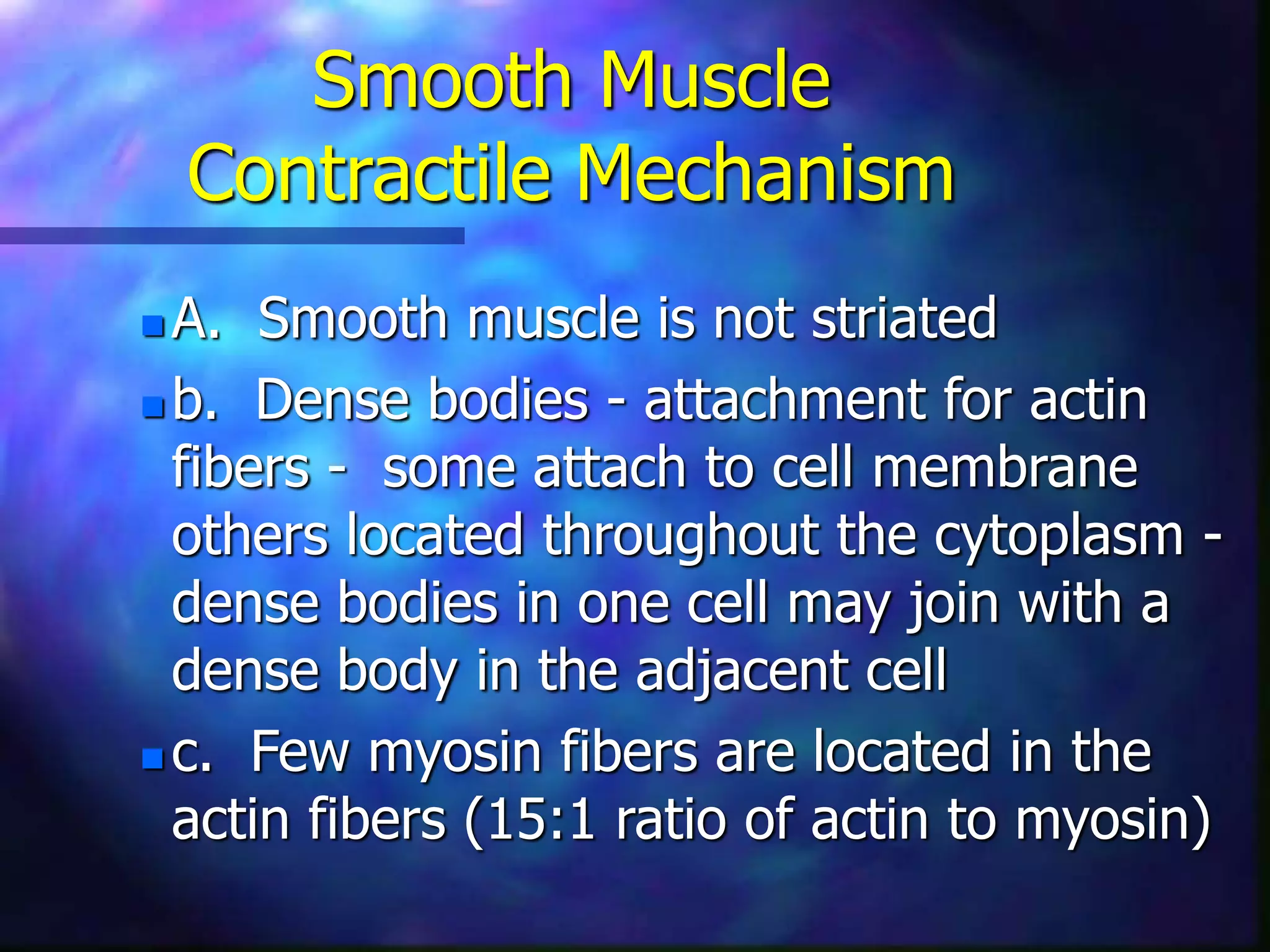 Smooth Muscle
Contractile Mechanism
 A. Smooth muscle is not striated
 b. Dense bodies - attachment for actin
fibers - some attach to cell membrane
others located throughout the cytoplasm -
dense bodies in one cell may join with a
dense body in the adjacent cell
 c. Few myosin fibers are located in the
actin fibers (15:1 ratio of actin to myosin)
 