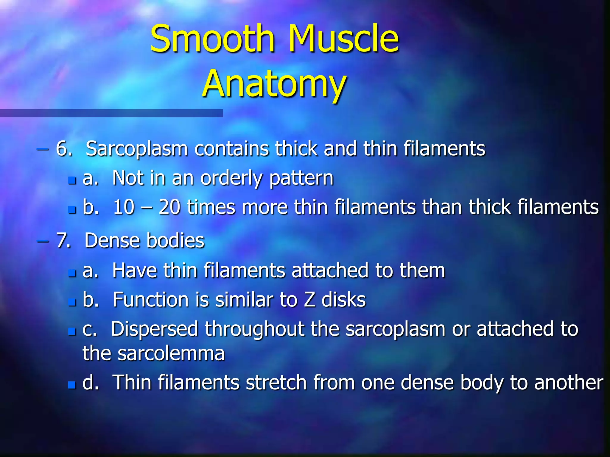 Smooth Muscle
Anatomy
– 6. Sarcoplasm contains thick and thin filaments
 a. Not in an orderly pattern
 b. 10 – 20 times more thin filaments than thick filaments
– 7. Dense bodies
 a. Have thin filaments attached to them
 b. Function is similar to Z disks
 c. Dispersed throughout the sarcoplasm or attached to
the sarcolemma
 d. Thin filaments stretch from one dense body to another
 