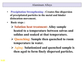 Aluminum Alloys
• Precipitation Strengthening : Creates fine dispersion
of precipitated particles in the metal and hinder
...