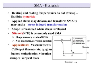 SMA - Hysterisis
• Heating and cooling temperatures do not overlap –
Exhibits hysterisis
• Applied stress may deform and t...