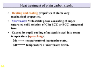 Heat treatment of plain carbon steels.
• Heating and cooling properties of steels vary
mechanical properties.
• Martensite...