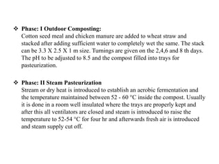  Phase: I Outdoor Composting:
Cotton seed meal and chicken manure are added to wheat straw and
stacked after adding sufficient water to completely wet the same. The stack
can be 3.3 X 2.5 X 1 m size. Turnings are given on the 2,4,6 and 8 th days.
The pH to be adjusted to 8.5 and the compost filled into trays for
pasteurization.
 Phase: II Steam Pasteurization
Stream or dry heat is introduced to establish an aerobic fermentation and
the temperature maintained between 52 - 60 °C inside the compost. Usually
it is done in a room well insulated where the trays are properly kept and
after this all ventilators are closed and steam is introduced to raise the
temperature to 52-54 °C for four hr and afterwards fresh air is introduced
and steam supply cut off.
 