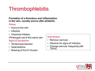 Thrombophlebitis
Formation of a thrombus and inflammation
in the vein, usually occurs after phlebitis.
Cause
• Injury to the vein
• Infection
• Chemical irritation
•Prolonged use of the same vein
Signs & Symptoms
• Tenderness/redness
• Heat/oedema
• Slowing of the IV infusion
Intervention
• Remove cannula
• Observe for signs of infection
• Change cannula frequently (48-
72hrs)
 