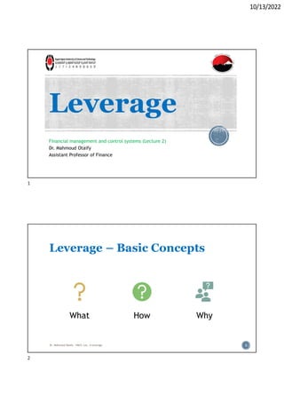 10/13/2022
Leverage
Financial management and control systems (Lecture 2)
Dr. Mahmoud Otaify
Assistant Professor of Finance
Leverage – Basic Concepts
What How Why
Dr. Mahmoud Otaify - FMCS: Lec. 4 Leverage 2
1
2
 