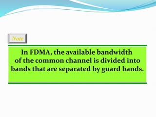 In FDMA, the available bandwidth
of the common channel is divided into
bands that are separated by guard bands.
Note
 