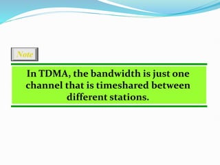 In TDMA, the bandwidth is just one
channel that is timeshared between
different stations.
Note
 