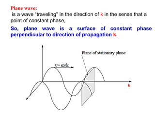 So, plane wave is a surface of constant phase
perpendicular to direction of propagation k.
Plane wave:
is a wave “traveling" in the direction of k in the sense that a
point of constant phase,
k
 