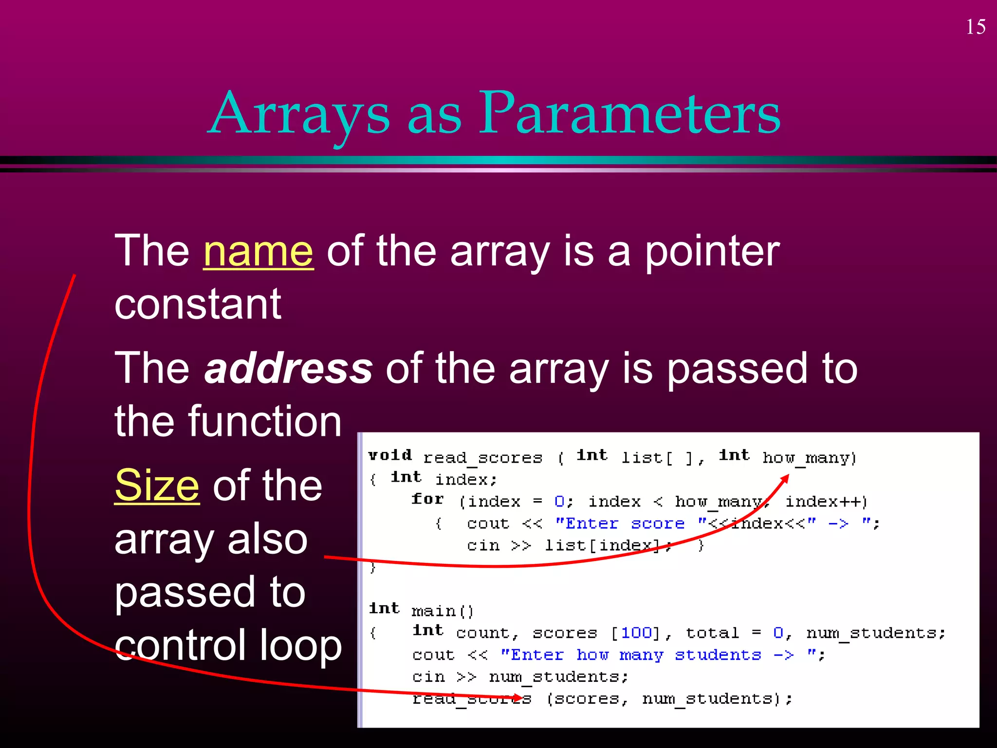 15



    Arrays as Parameters

The name of the array is a pointer
constant
The address of the array is passed to
the function
Size of the
array also
passed to
control loop
 