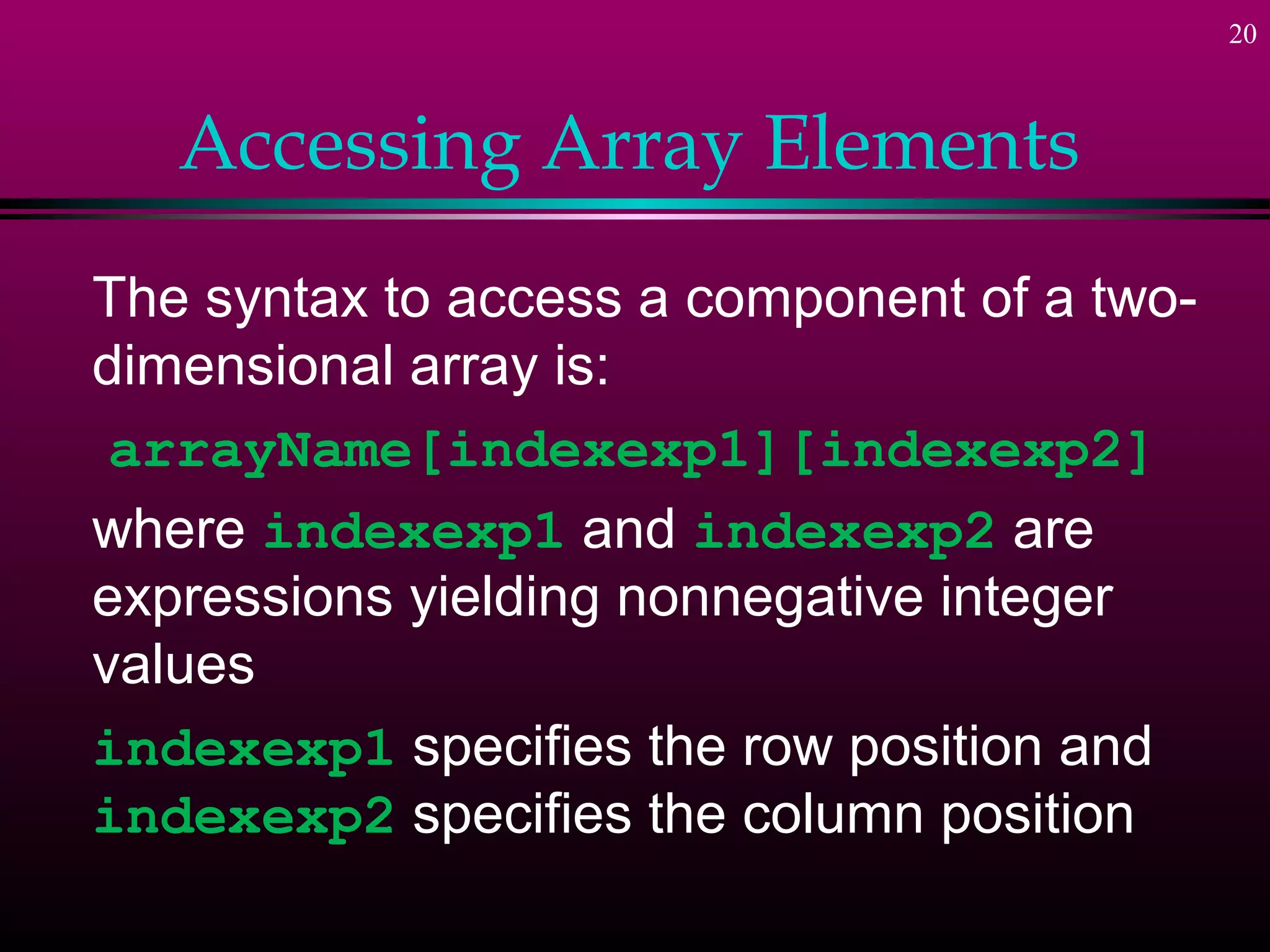 20



   Accessing Array Elements
The syntax to access a component of a two-
dimensional array is:
 arrayName[indexexp1][indexexp2]
where indexexp1 and indexexp2 are
expressions yielding nonnegative integer
values
indexexp1 specifies the row position and
indexexp2 specifies the column position
 