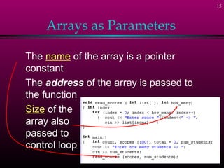 15



    Arrays as Parameters

The name of the array is a pointer
constant
The address of the array is passed to
the function
Size of the
array also
passed to
control loop
 