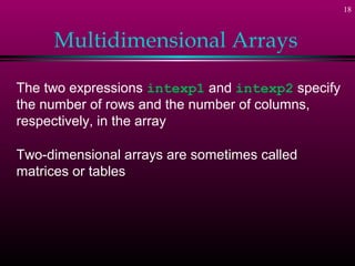 18



     Multidimensional Arrays

The two expressions intexp1 and intexp2 specify
the number of rows and the number of columns,
respectively, in the array

Two-dimensional arrays are sometimes called
matrices or tables
 