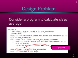 2



        Design Problem

Consider a program to calculate class
average




                              Why??
                              Why??


                                        ?
 