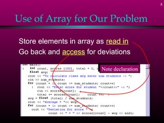 8



Use of Array for Our Problem

Store elements in array as read in
Go back and access for deviations

                        Note declaration
                        Note declaration
 