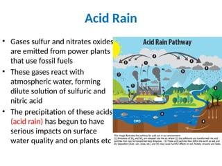 Acid Rain
• Gases sulfur and nitrates oxides
are emitted from power plants
that use fossil fuels
• These gases react with
atmospheric water, forming
dilute solution of sulfuric and
nitric acid
• The precipitation of these acids
(acid rain) has begun to have
serious impacts on surface
water quality and on plants etc
 