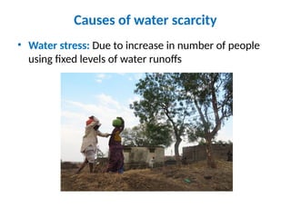 Causes of water scarcity
• Water stress: Due to increase in number of people
using fixed levels of water runoffs
 