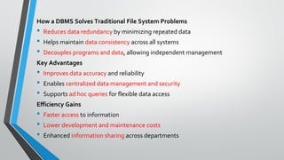 How a DBMS Solves Traditional File System Problems
• Reduces data redundancy by minimizing repeated data
• Helps maintain data consistency across all systems
• Decouples programs and data, allowing independent management
Key Advantages
• Improves data accuracy and reliability
• Enables centralized data management and security
• Supports ad hoc queries for flexible data access
Efficiency Gains
• Faster access to information
• Lower development and maintenance costs
• Enhanced information sharing across departments
 