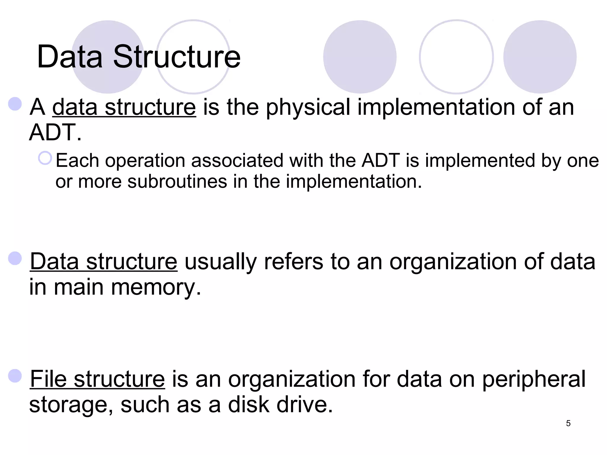 5
Data Structure
A data structure is the physical implementation of an
ADT.
Each operation associated with the ADT is implemented by one
or more subroutines in the implementation.
Data structure usually refers to an organization of data
in main memory.
File structure is an organization for data on peripheral
storage, such as a disk drive.
 